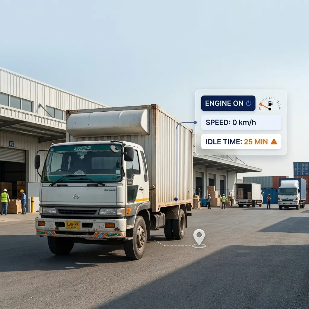 GPS fleet tracking dashboard monitoring vehicle idling time for commercial fleet vehicles